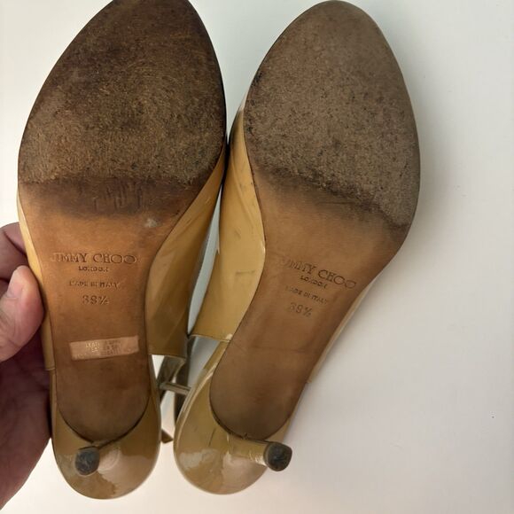 Jimmy Choo Heels Womens 39.5 Gold Glossy Leather Peep Toe‎ Stiletto Platform - Picture 7 of 11